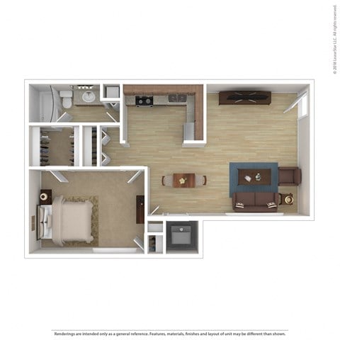 Floor plan for 1 bed, 1 bath, 715 sqft